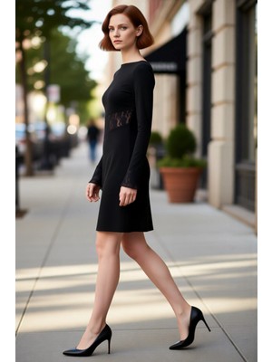 PayBuy Kadın Bodycon Kesim Uzun Kollu Kayık Yaka Dantel Detaylı Mini Elbise Şık Kışlık Kombinlerinize