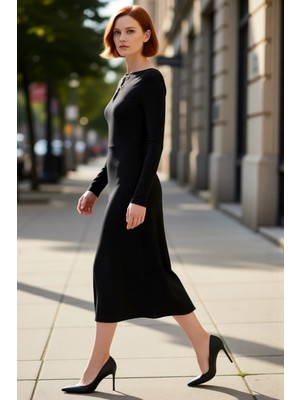 PayBuy Kadın Bodycon Maxi Örme Elbise Aksesuar Detaylı Şık Kışlık Uzun Kollu Gündüz Gece Kombin Kaliteli