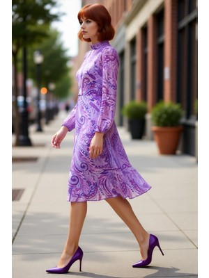 PayBuy Kadın Şal Desenli Astarlı Volanlı Şifon Midi Elbise Dik Yaka Uzun Balon Kollu A Kesim Kaliteli