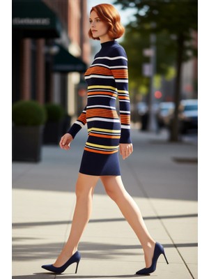 PayBuy Kadın Lacivert Renk Bloklu Fitilli Akrilik Bodycon Mini Elbise Uzun Kollu Dik Yaka Kışlık Şık Günlük