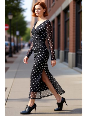 PayBuy Kadın Puantiyeli Tül Örme Maxi Elbise Bodycon Kesimi V Yaka Uzun Kollu Şık Gece ve Gündüz Stili