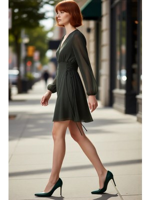 PayBuy Kadın Düğmeli Haki V Yaka Balon Kollu Astarlı Skater Mini Elbise Günlük ve Özel Kombinler Için Ideal