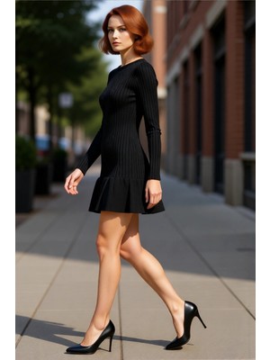 PayBuy Kadın A Kesim Bordo Triko Mini Elbise Uzun Kollu Bisiklet Yaka Şık Günlük Kış Stili Tasarım