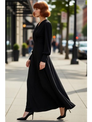 PayBuy Kadınlar Için Kruvaze Yaka Balon Kol Düz Desen Maxi Örme Elbise Akışkan Kış Şıklığı Sunuyor