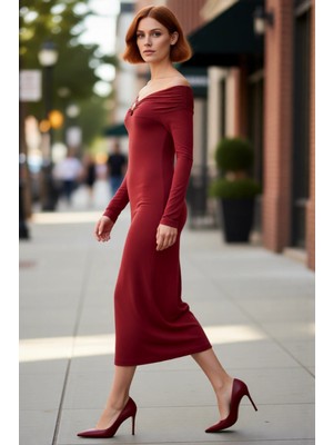 PayBuy Kadın Kiremit Rengi Aksesuar Detaylı Bodycon Maxi Elbise Carmen Yaka Uzun Düşük Kol Kışlık