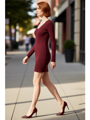 PayBuy Kadın Bodycon V Yaka Düz Desen Asimetrik Düğmeli Kısa Örme Elbise Kış Kombinlerinin Vazgeçilmezi