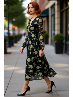 PayBuy Kadın A Line Kruvaze V Yaka Çiçek Desenli Uzun Kollu Midi Şifon Elbise Bahar Yaz Şıklığı Kaliteli