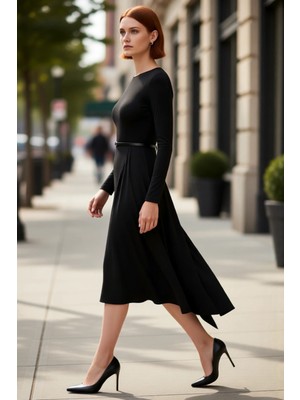 PayBuy Kadın A Line Kesim Kemer Detaylı Havuz Yaka Uzun Kollu Maxi Boy Örme Elbise Kış Sezonu Için Şık Bir