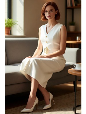 FRM Kadın Kolsuz V Yaka Bodycon Kalıp Kemer Detaylı Midi Elbise Gündüzden Geceye Zamansız Şıklık