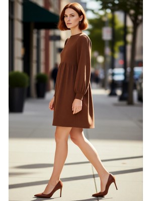 PayBuy Kadın Kahverengi A Kesim Bürümcük Dokulu Balon Kol Bisiklet Yaka Uzun Kollu Mini Elbise Günlük