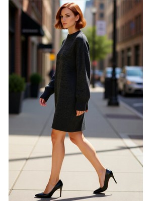 PayBuy Kadın Gri Shift Kalıp Bisiklet Yaka Düşük Uzun Kollu Mini Triko Elbise Kış Aylarının Rahat Seçimi