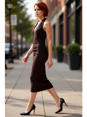 PayBuy Kadın Bodycon Kalıp Midi Boy Boyundan Bağlamalı Kolsuz Şık Örme Elbise Aksesuar Detaylı Özel