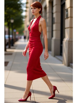 PayBuy Kadın Bodycon Kalıp Midi Boy Boyundan Bağlamalı Kolsuz Şık Örme Elbise Aksesuar Detaylı Özel