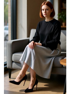 FRM Kadın Siyah Üstü Triko Garnili Çizgili Dokuma Midi Elbise Günlük Şıklık %100 Pamuk Kaliteli