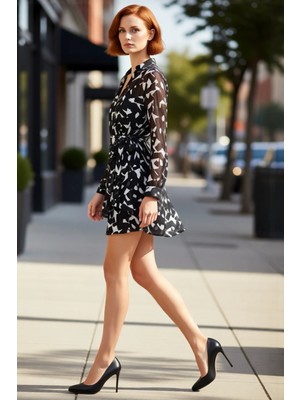 PayBuy Kadın Şifon Kruvaze Geometrik Desenli Bağlama Detaylı Balon Kol Astarlı Mini Elbise Kaliteli