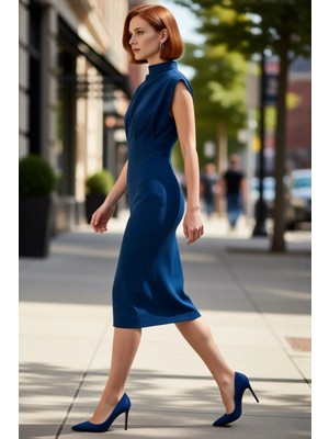 PayBuy Kadın Bodycon Kesim Dik Yaka Kolsuz Midi Boy Elbise Finike Dokuma Büzgü Detaylı Şık Tasarım