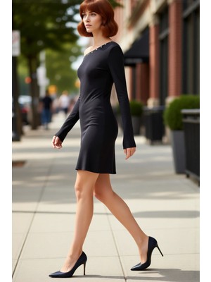 PayBuy Kadın Siyah A Line Asimetrik Yaka Düz Düşük Kol Uzun Kollu Mini Örme Elbise Aksesuar Detaylı Şık