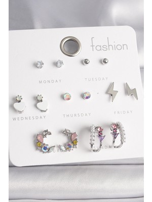 Skygo Pirinç Gümüş Renk Zirkon Taşlı İnci Halka Şimşek Detay 7 Çift Kadın Küpe Seti - TJ-BKP10136