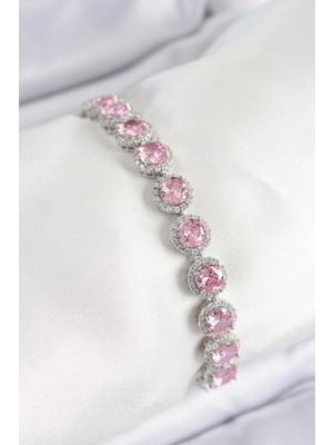 Dktt Pirinç Pembe Zirkon Taşlı Daire Baget Model Gümüş Renk Vıp Seri Kadın Bileklik - TJ-BB7511