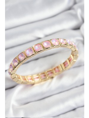 Dktt Pirinç Pembe Zirkon Taşlı Kare Model Gold Renk Lastikli Kadın Bileklik - TJ-BB7499