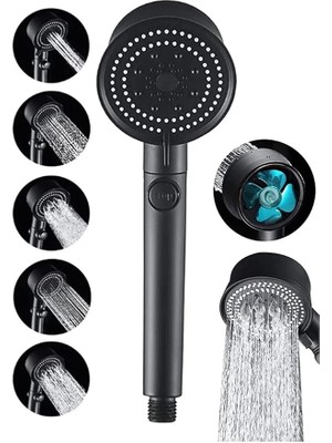 Pearl Shop Turbo Black Power Siyah Pervaneli 5 Fonksiyonlu Yüksek Basınçlı Mat Siyah Duş Başlığı El Duşu - Garantili