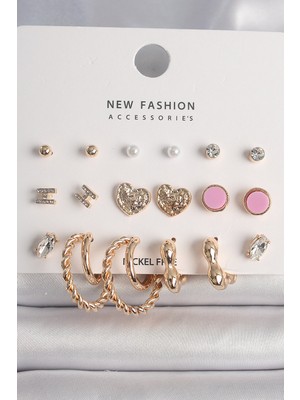 Skygo Pirinç Gold Renk Zirkon Taşlı Burug Halka Model Işlemeli Kalp Detay 9 Çift Kadın Küpe Seti - TJ-BKP10175