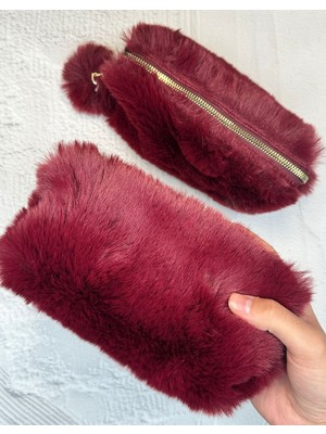 ZeCo Collection Ponponlu Peluş Bordo Kalem Kutu / Kalemlik / Toparlayıcı /çanta