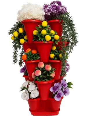 Katlı Şanslı Yonca Kule Saksı Seti Çiçek Bitki Sebze Meyve Salon Mutfak Banyo Bahçe Saksı Seti (Kırmızı)