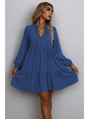 Arben Boutique Kadın Uzun Kollu Yakadan Bağcıklı Fırfırlı Keten Mini Elbise