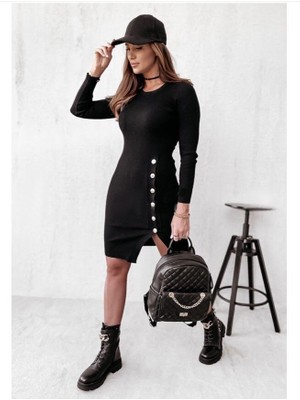 Gökyüzü Moda Kadın Siyah Uzun Kollu Bisiklet Yaka Yan Yırtmaç Düğme Detay Kısa Kaşkorse Elbise