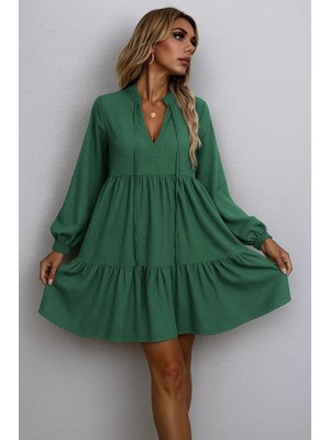 Arben Boutique Kadın Uzun Kollu Yakadan Bağcıklı Fırfırlı Keten Mini Elbise