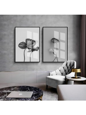 Harikabirev|siyah-Gri Çiçekli Kombin |çerçeveli Cam Tablo 2li Dikey