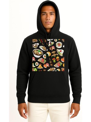 Bahriyeli Collection Kapüşonlu Sushi Barbecue Chicken Göğüs Tasarımlı Unisex Sweatshirt