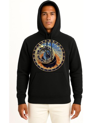 Bahriyeli Collection Kapüşonlu Prague Astronomical Clock Old Town Göğüs Tasarımlı Unisex Sweatshirt