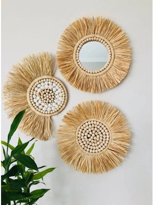 El Yapımı Rafya Duvar Ayna Seti Hasır Ayna Hasır Tabak Bohem Ayna Ahşap Ayna Duvar Süsü
