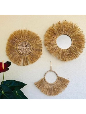 El Yapımı Rafya Duvar Ayna Seti Hasır Ayna Hasır Tabak Bohem Ayna Ahşap Ayna Duvar Süsü