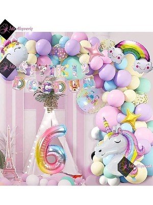 6 Yaş Karakterli Unicorn Temalı Iyi Ki Doğdun Makaron Balon Doğum Günü Parti Kutlama Seti BMCNM347