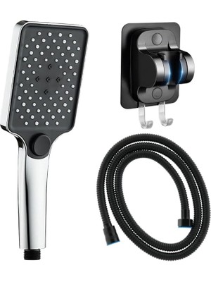 Aqua Kare Üç Fonksiyonlu Duş Başlığı, Yapışkanlı Duş Askısı ve Örgülü Duş Hortumu Seti