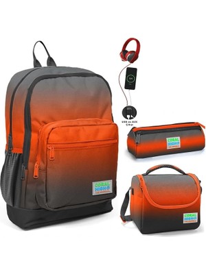 High Siyah Turuncu Gradyan USB Soketli Üçlü Ilkokul Çanta Seti - Erkek Çocuk