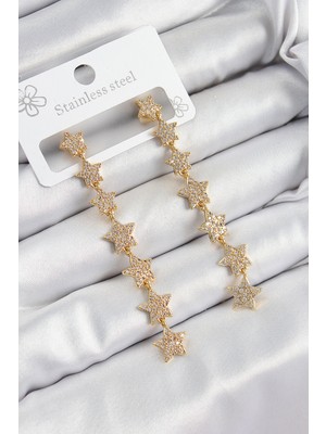 Dktt Pirinç Zirkon Taşlı Sallantılı Yıldız Model Gold Renk Kadın Küpe - TJ-BKP10912