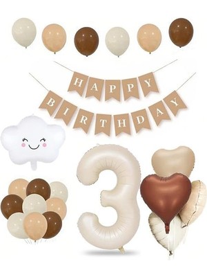 Kalp Doğum Günü Seti; Krem Rakam Folyo, Banner, Kalp Folyo ve Lateks Balon (3)