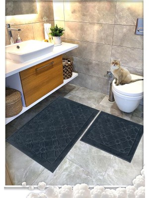 %100 Pamuk Dokuma Su Emici Banyo Paspas Seti, Banyo Halısı Çiçek 2 Li Set 60X100-60X50 (Antrasit)