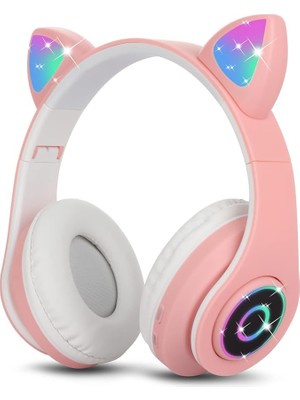 Bluetooth Kulaklık Kız Çocuk Kulak Üstü Kedi Kulaklığı Rgb LED Işık Katlanabilir Stereo Kablosuz Kulaklık Çocuklar ve Yetişkinler Için Mikrofonlu Dizüstü Bilgisayar / Pc / Tv (Pembe)