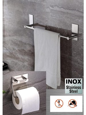 Paslanmaz Çelik 40CM Havluluk ve Tuvalet Kağıtlığı Set - Inox Yapışkan Bant Sistem