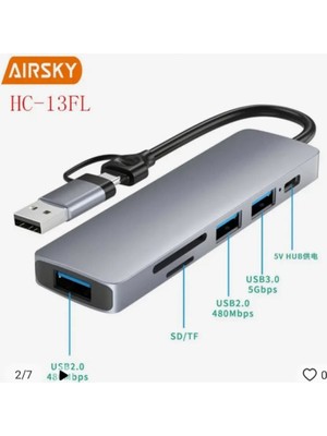 Skygo Airsky Hc13Fl 5 İn 1 Usb Type-C 2 İn 1 Çevirici