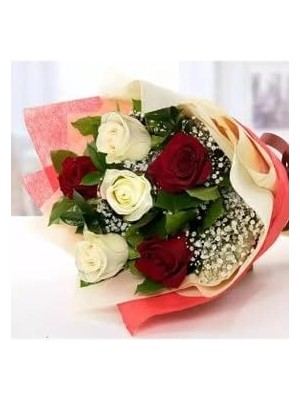 - 3 Kırmızı Gül &amp; 3 Beyaz Gül Buketi - Özel Aranjman Hediyelik Kesme Canlı Çiçek BALFLOWERDESİGN-2665