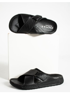 Adımist Erkek Siyah Ortopedik Taban Cırtlı Dışarı Içeri Suni Deri Terliği