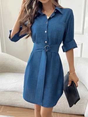 Arben Boutique Kadın Uzun Kollu Yakalı Önden Düğmeli Beli Kuşaklı Mini Ithal Keten Elbise