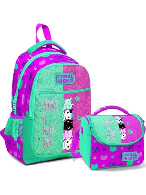 High Ilkokul Okul Sırt Çantası ve Beslenme Çantası Seti -Sevimli Kediler Kız Çocuk