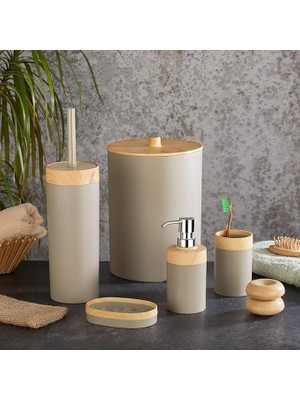 Pearl Shop 5 Parça Lüx Bambu Görünümlü Banyo Seti | 10 Litre Çöp Kovası ve Antibakteriyel Tuvalet Fırçası (Krem)